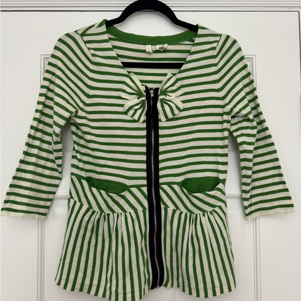 Moth Green and White Striped Zip-Front Cardigan
